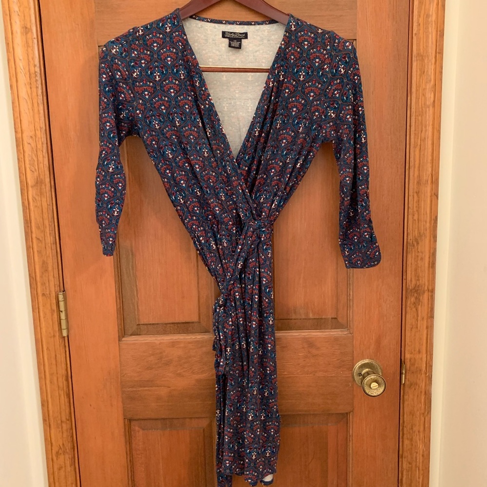 Lucky Brand Wrap Dress Blue w/ Brown/Pink Print XS